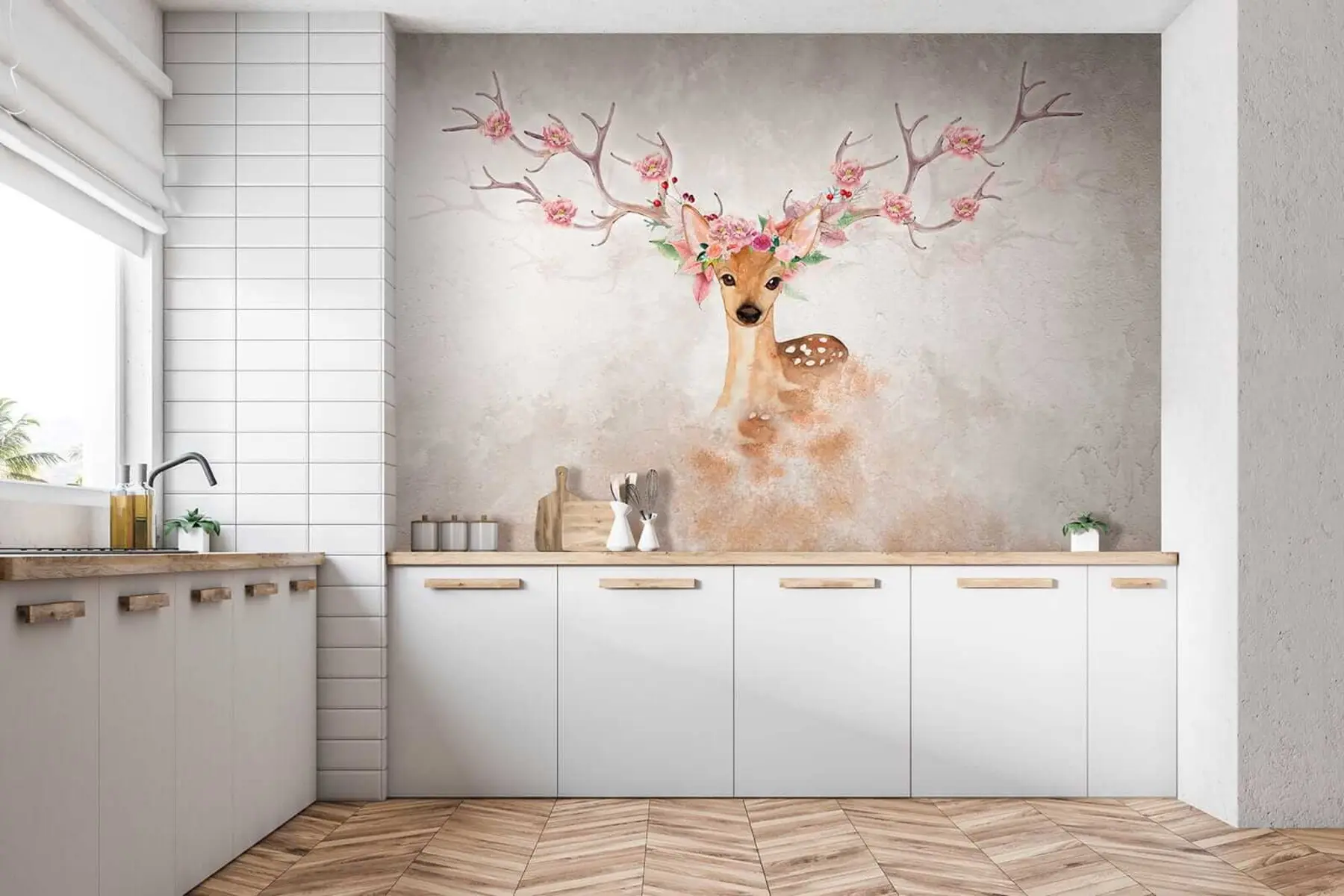 murales de pared Ciervo con flores en las astas u04671