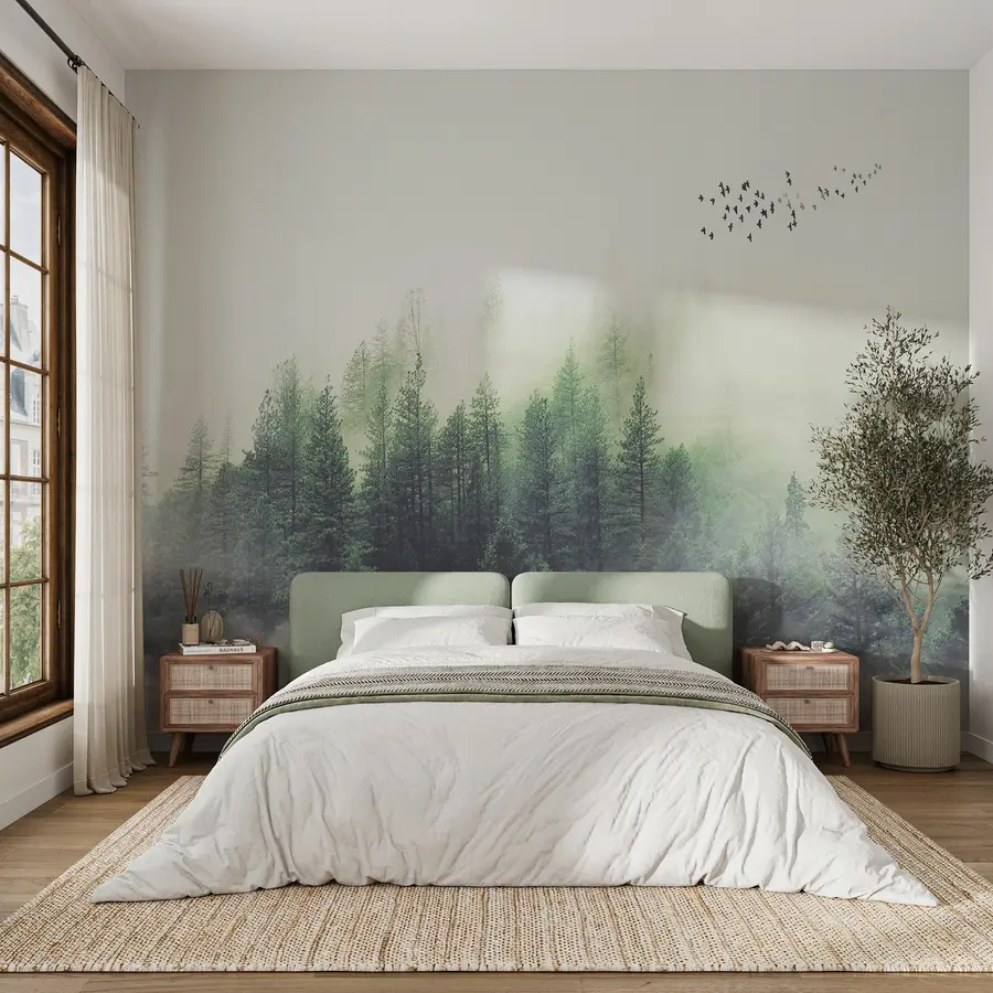 murales de pared Bosque y pájaros en la niebla u10882