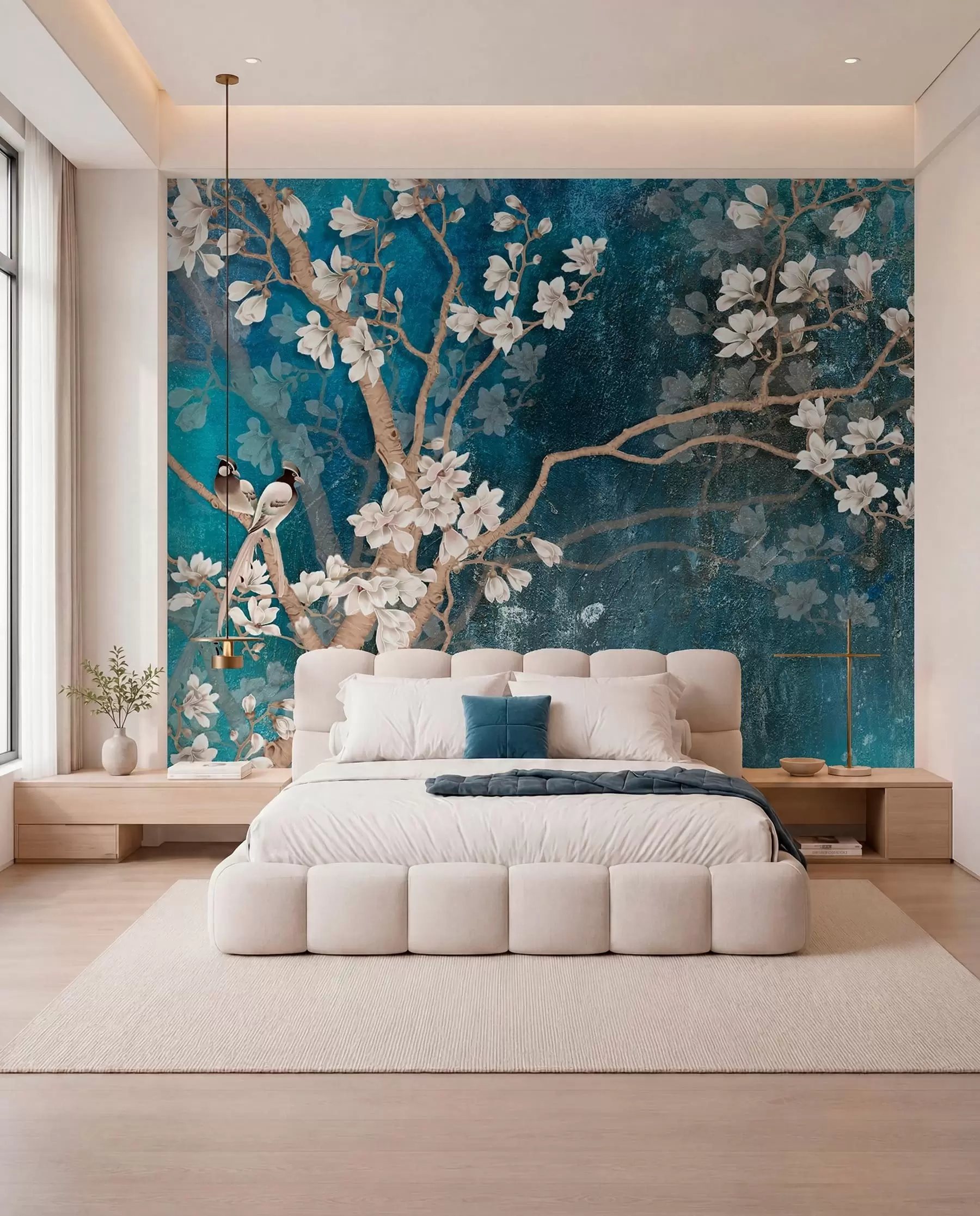 murales de pared Aves y flores sobre azul u12150