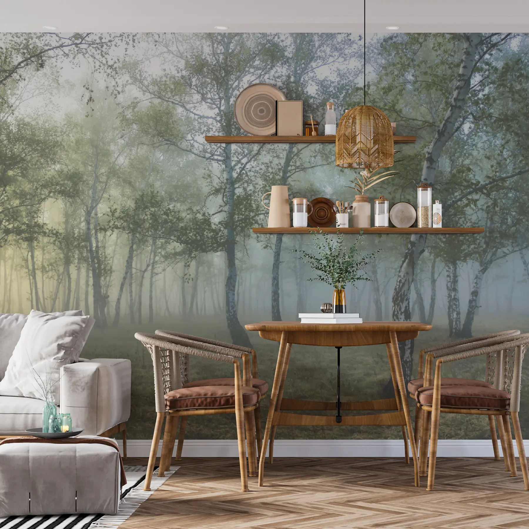 murales de pared Bosque de abedules de niebla u25820