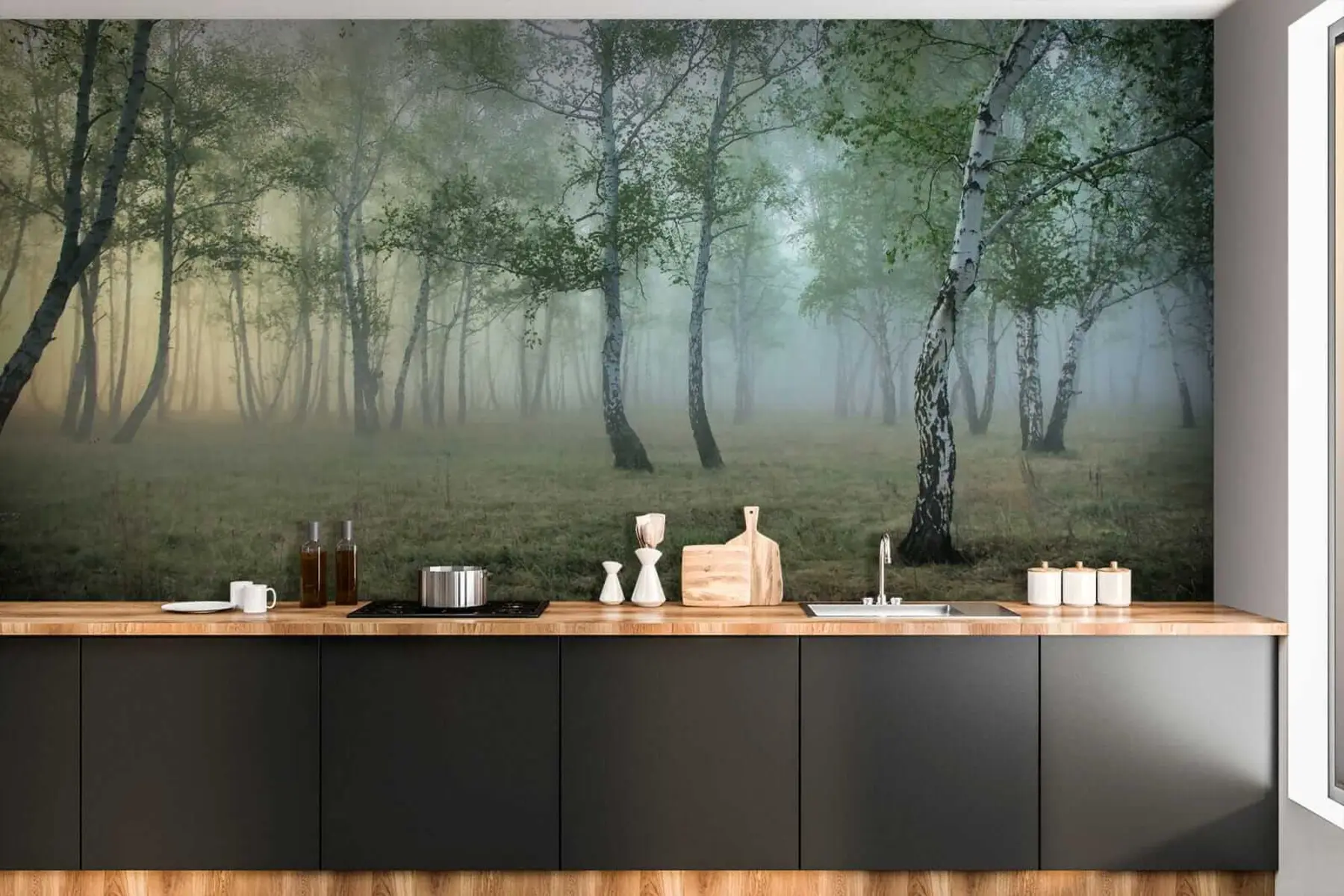 murales de pared Bosque de abedules de niebla u25820