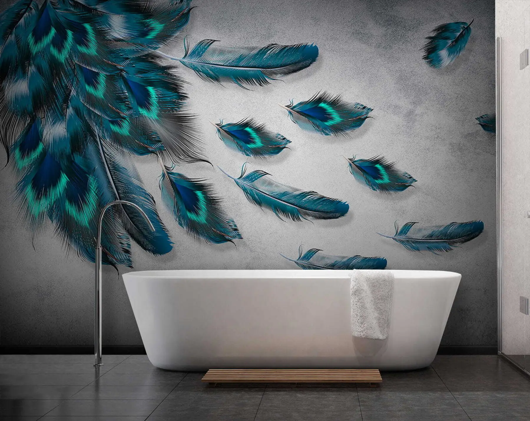 murales de pared Plumas de pavo real en el fondo de la pared de hormigón u29836