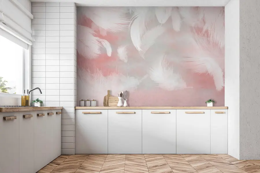 murales de pared Plumas blancas sobre fondo rosa u41755
