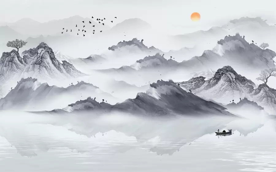 murales de pared Montañas en estilo japonés. dibujo a tinta u44010