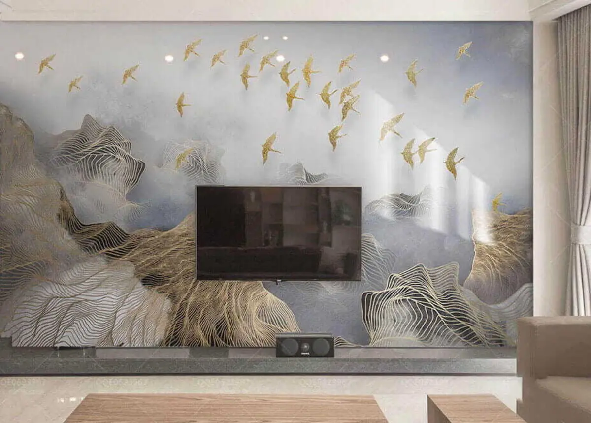 murales de pared Un maravilloso paisaje con montañas y pájaros se dibuja a partir de finas líneas u44870