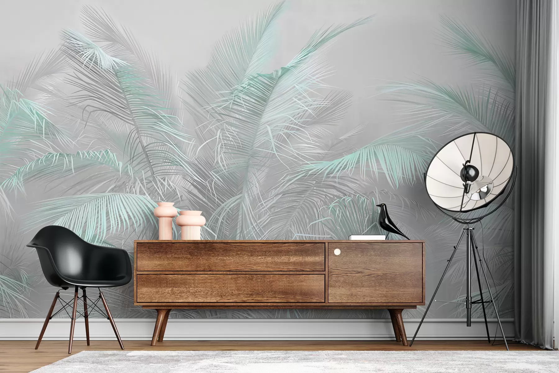 murales de pared Hojas de turquesa sobre un fondo gris u78557