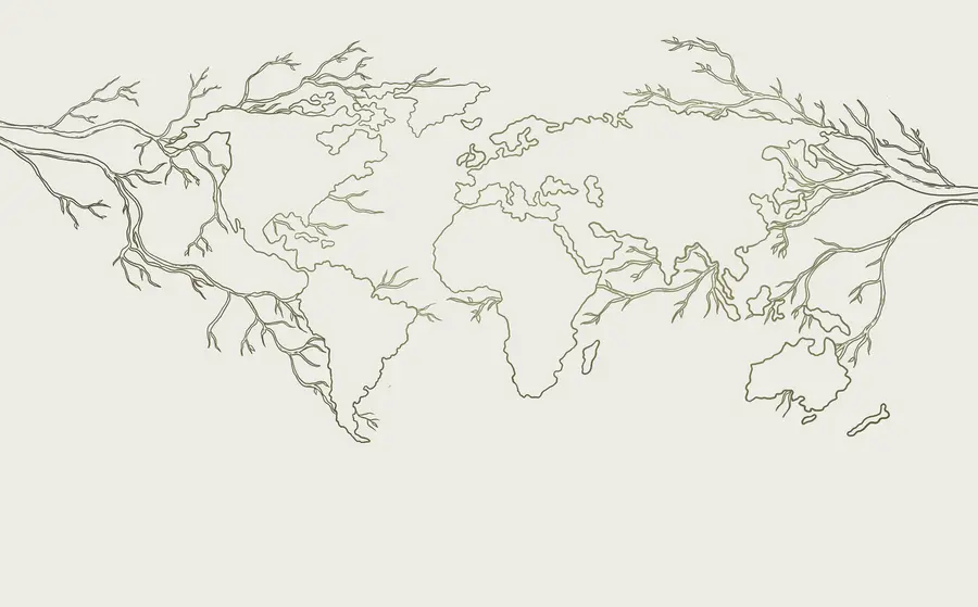 murales de pared Mapa del mundo, ramas de árbol, dibujo lineal, minimalismo, naturaleza, verde u99731v1