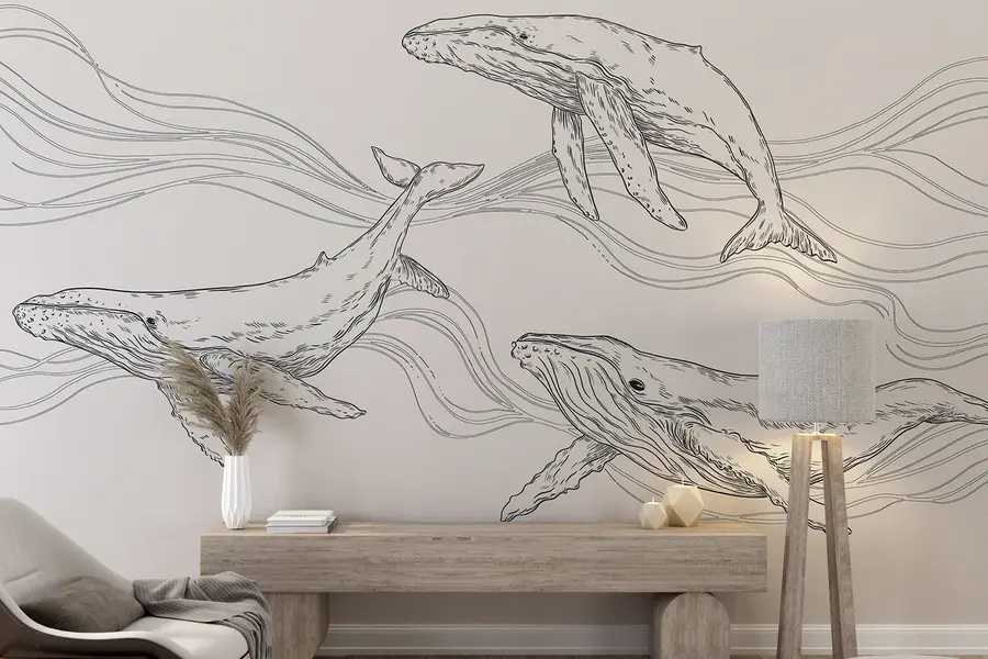 murales de pared Ballenas en el océano, animales marinos, arte lineal, minimalismo, colores blanco y negro u99733v4