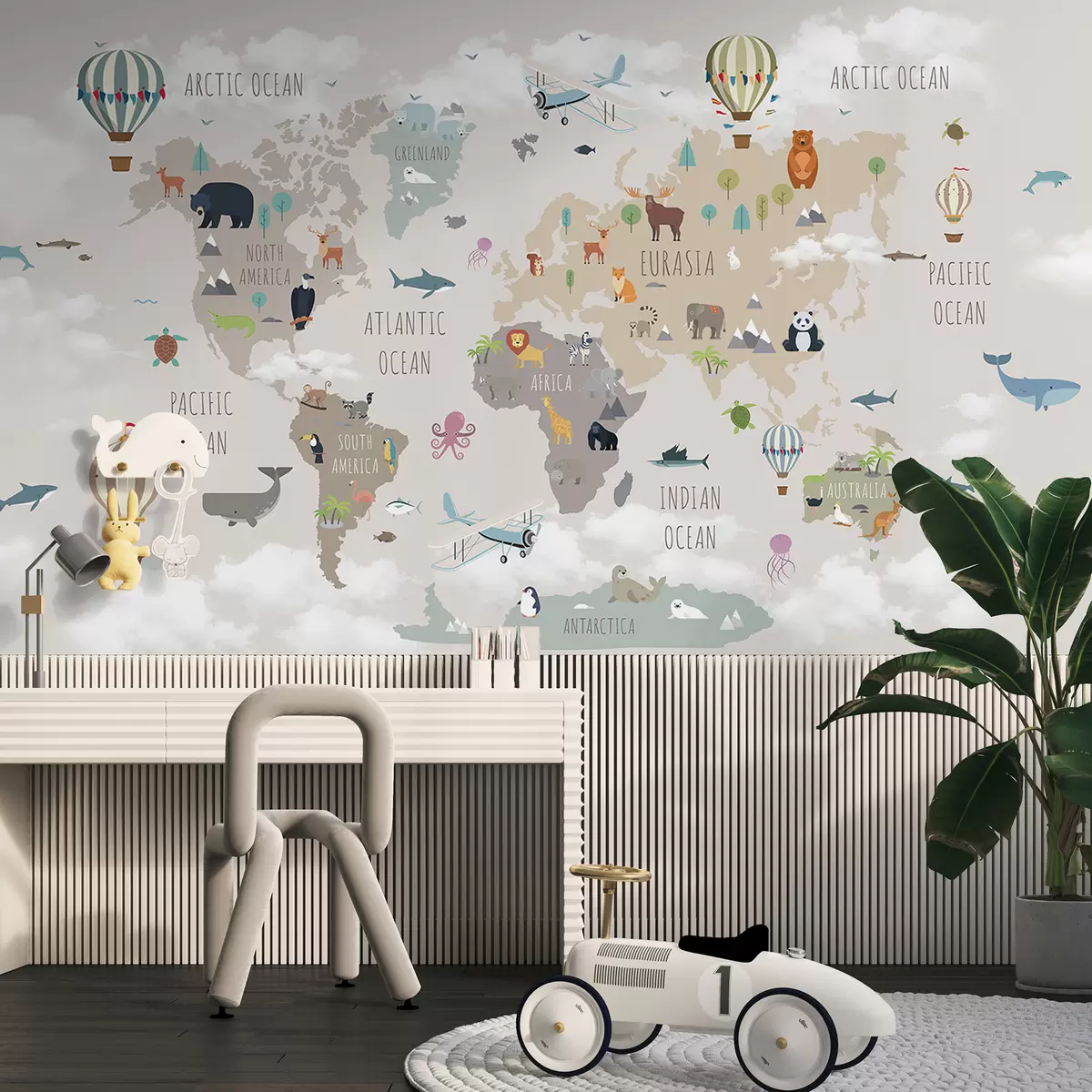 murales de pared Mapamundi con animales y globos u96461d2