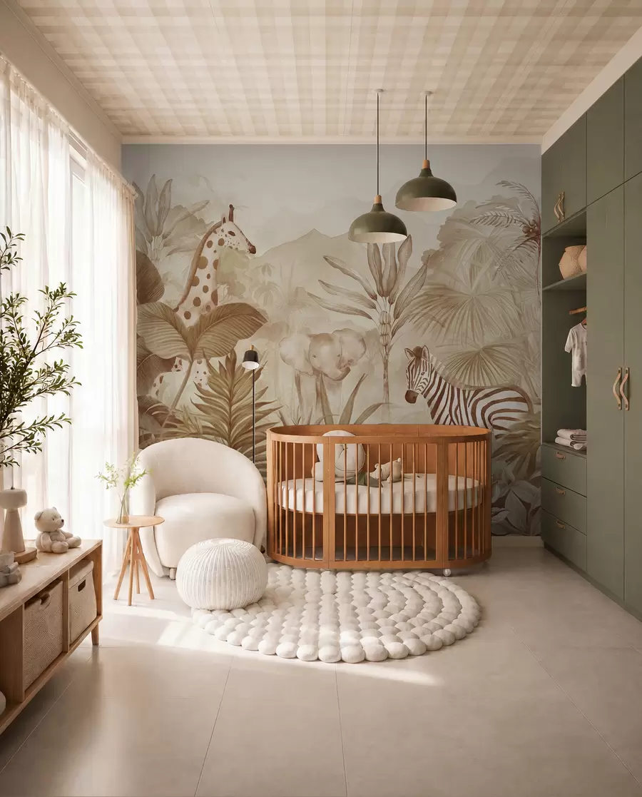 murales de pared Selva, palmeras, jirafa, elefante, cebra, acuarela, color beige, platanero, flores w00089v1