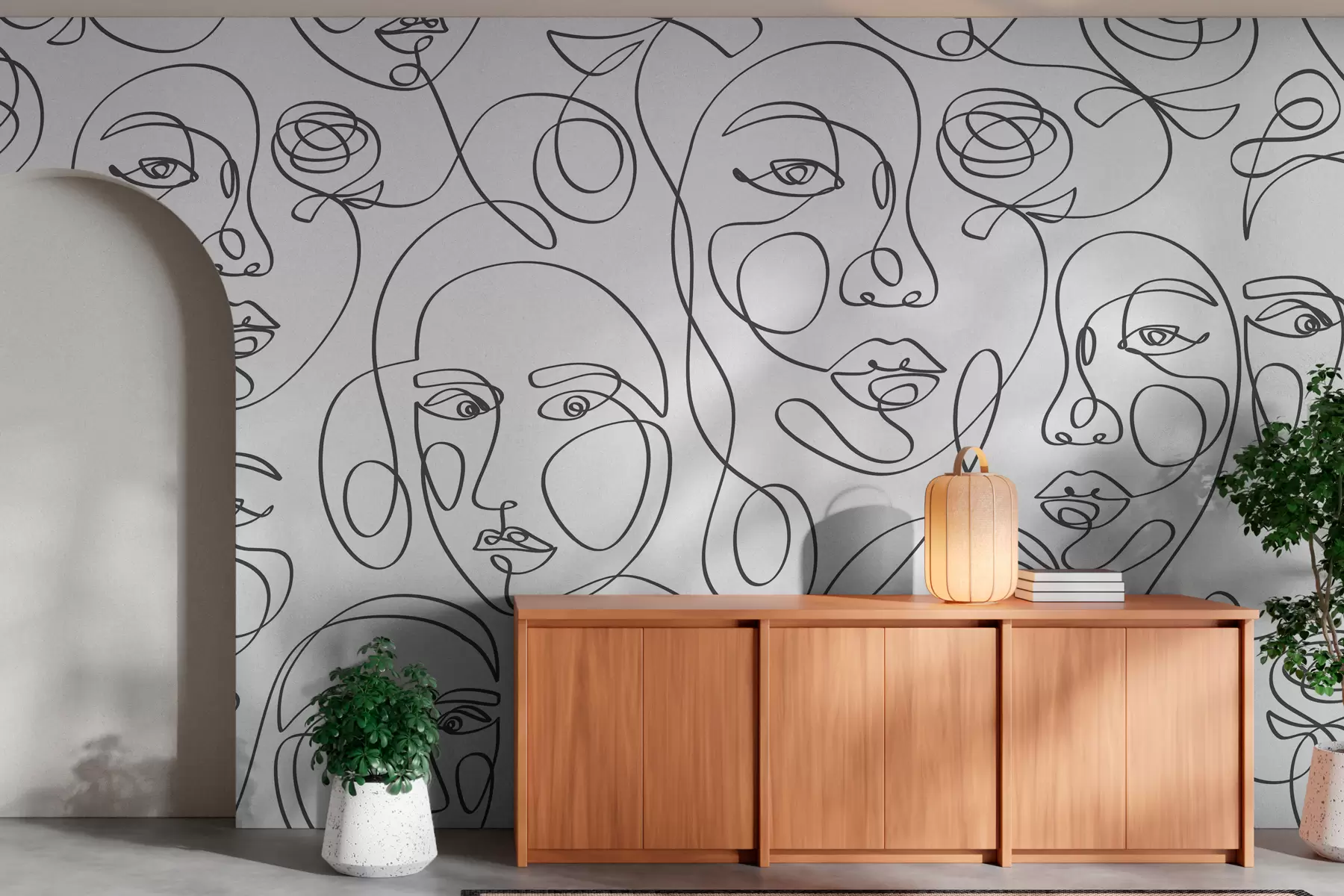 murales de pared Las siluetas de rostros con líneas gráficas de estilo boho son una nueva tendencia w00130