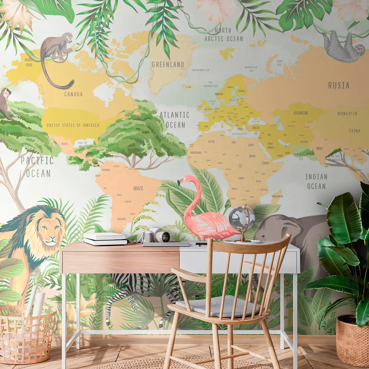 murales de pared Mapamundi infantil de estilo tropical Selva y animales w00373