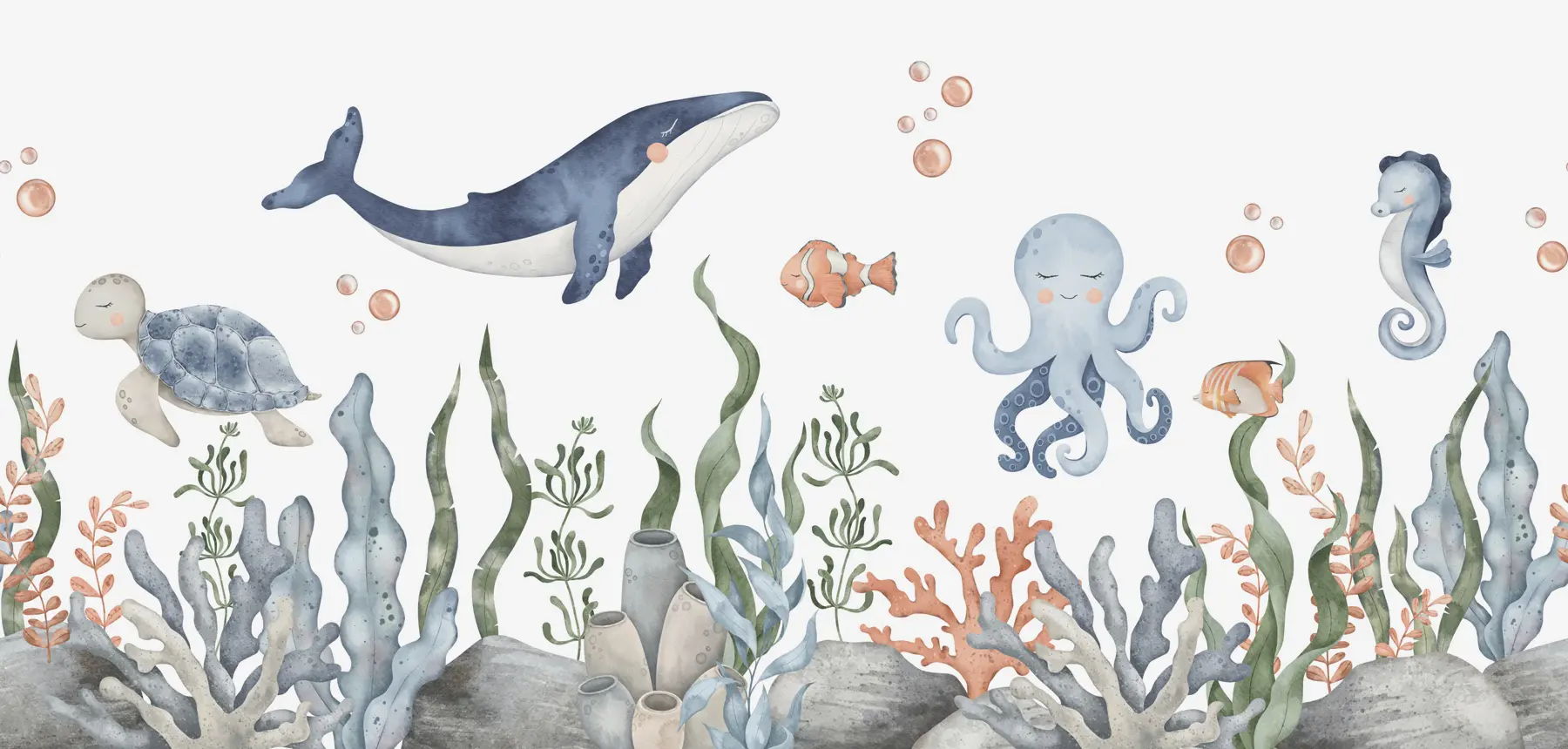 murales de pared Mundo submarino con ballenas, pulpos y tortugas. w00383