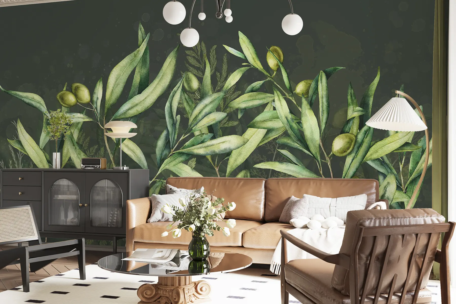 murales de pared Ilustración de aceitunas, diseño floral, tropical, acuarela, hojas grandes, fondo oscuro  w00407v4