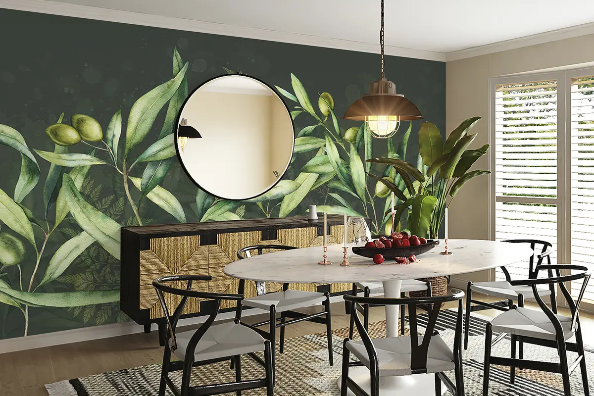 murales de pared Ilustración de aceitunas, diseño floral, tropical, acuarela, hojas grandes, fondo oscuro  w00407v4