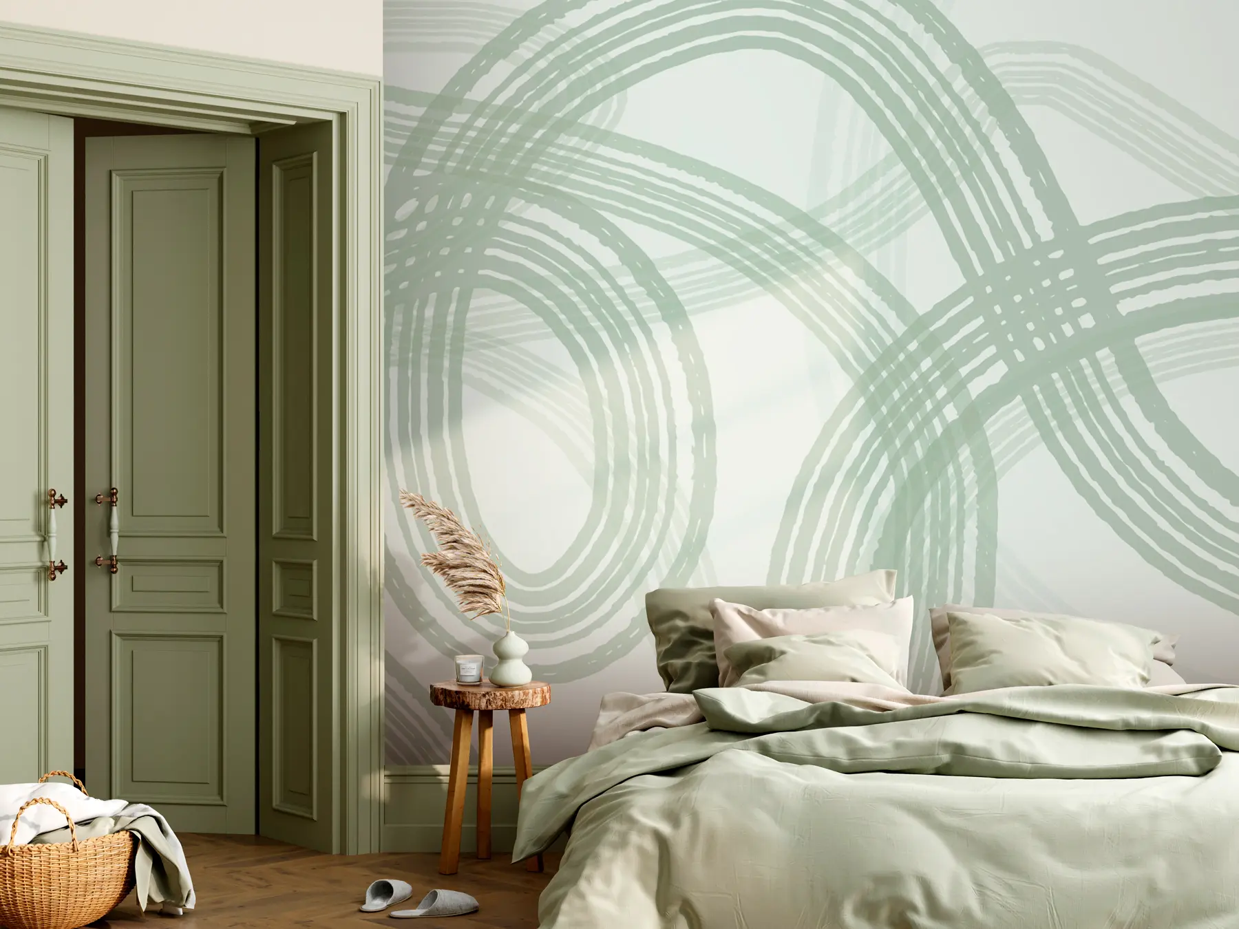 murales de pared Líneas abstractas estilo boho color verde w00417v2