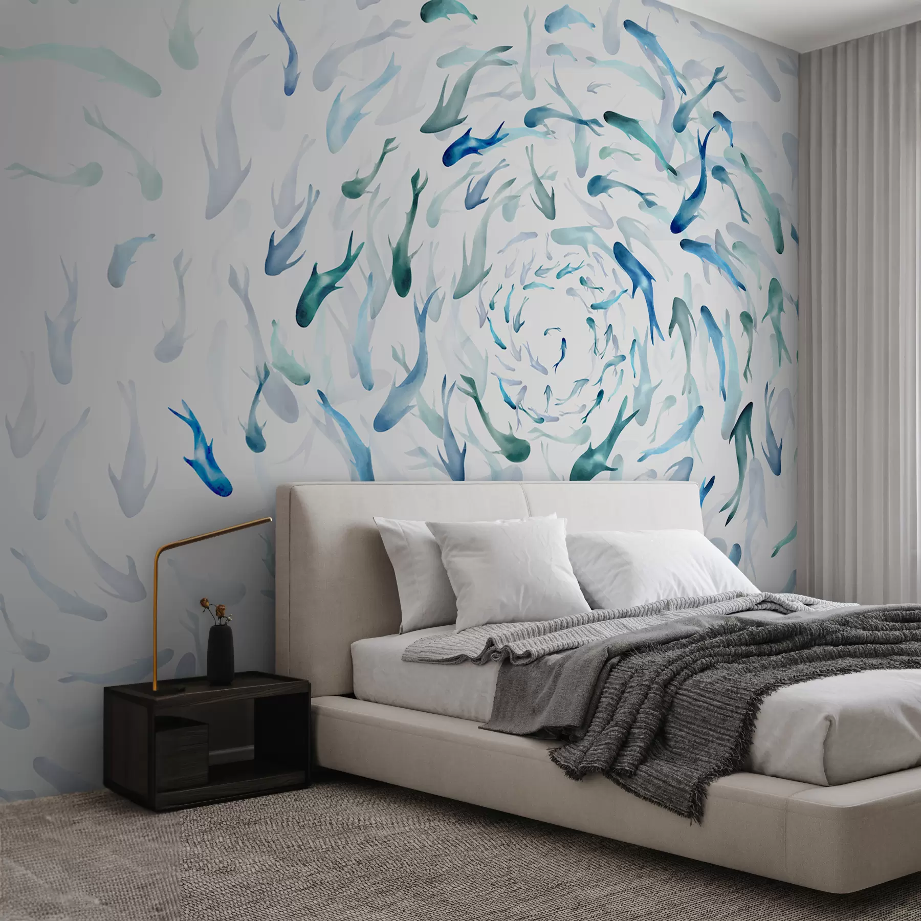 murales de pared Peces arremolinándose en una bañera de hidromasaje, danza de peces, acuarela, tiburón, composición abstracta, minimalismo, color azul, verde w00510