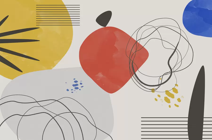 murales de pared Abstracción moderna, punto brillante, boho, geometría, topografía, curvas, líneas, rojo, amarillo, azul, negro w00514