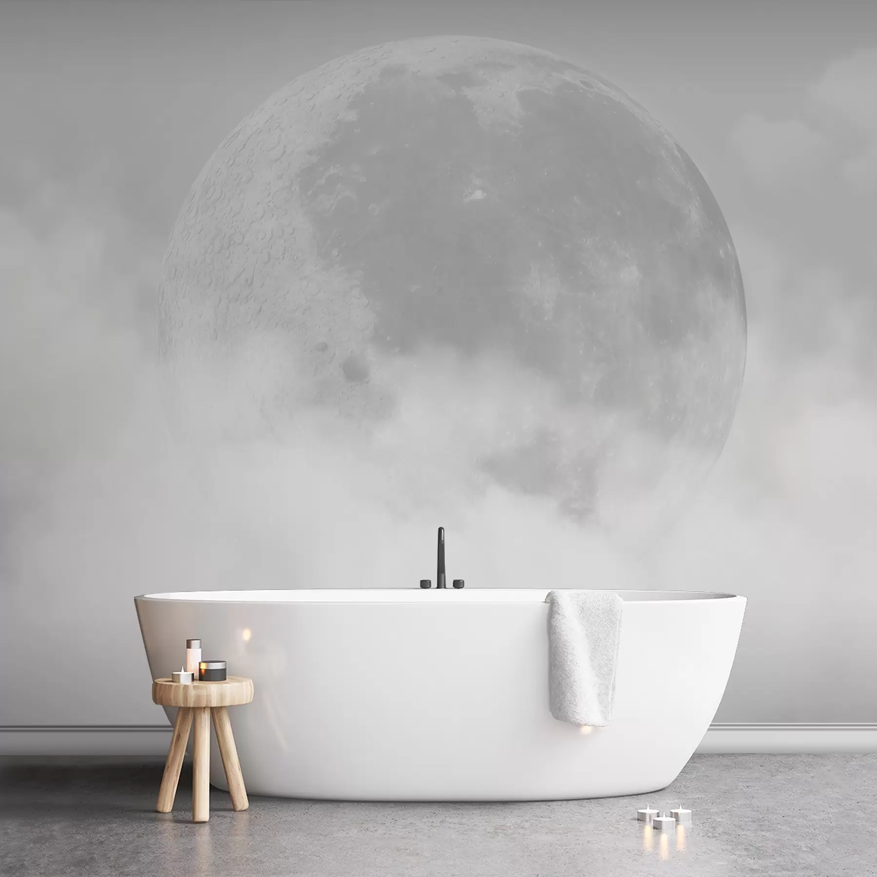 murales de pared Gran luna entre las nubes de color gris estilo loft. w00548v1