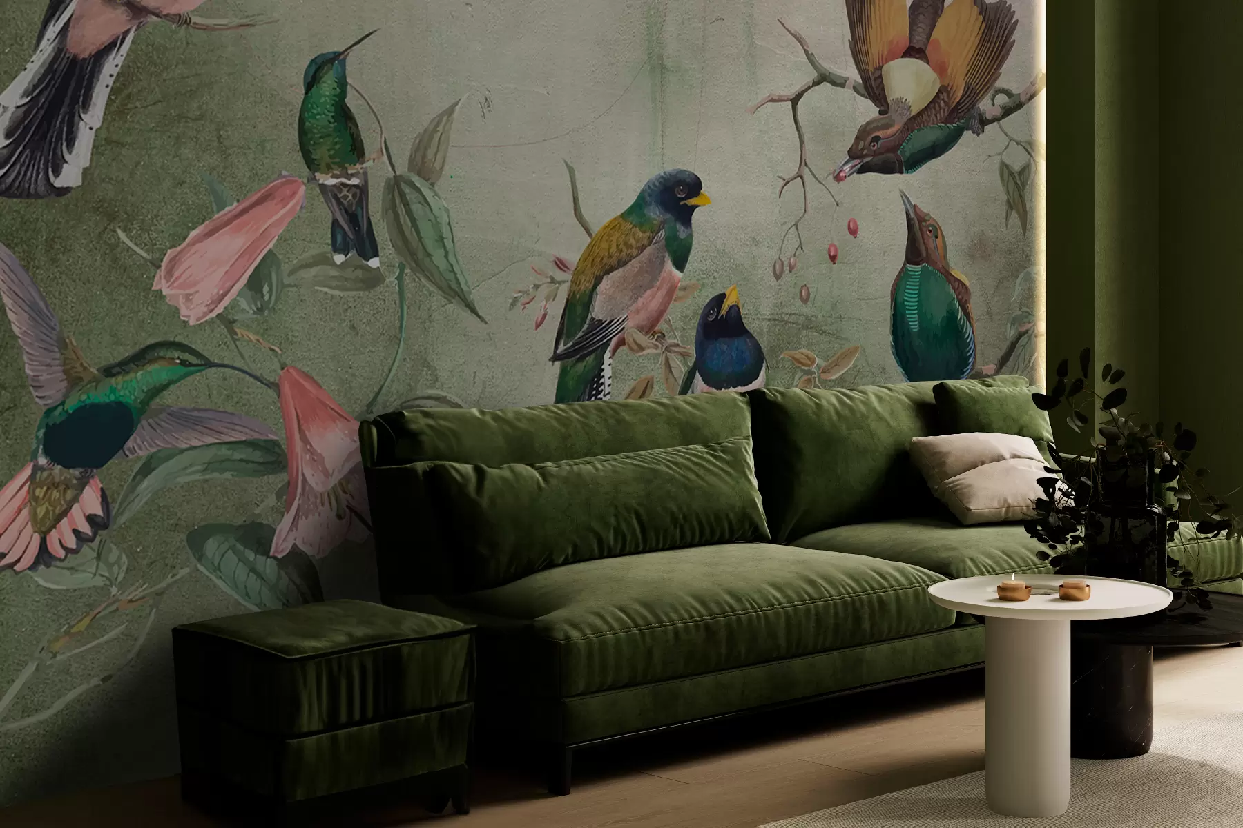 murales de pared Un grupo de pájaros coloridos posados en ramas en el fondo texturizado w00543