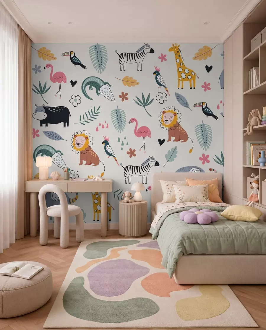 murales de pared animales, leones, jirafas, elefantes, hojas, cuarto del bebé w00555