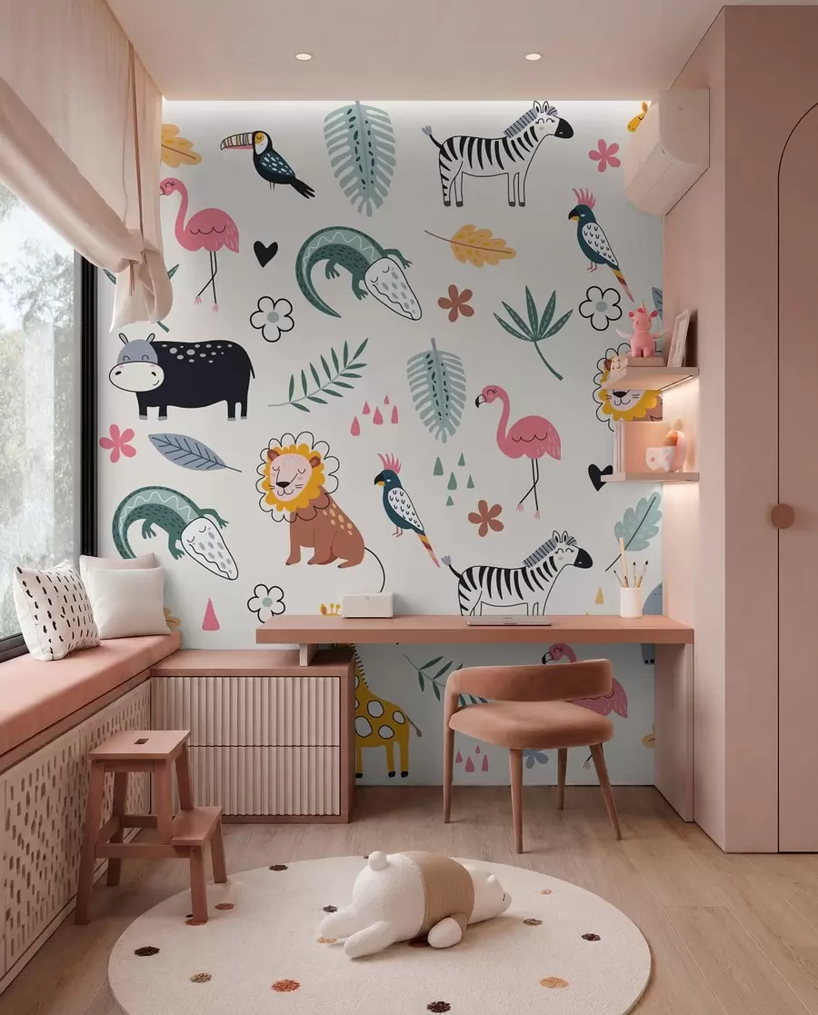 murales de pared animales, leones, jirafas, elefantes, hojas, cuarto del bebé w00555