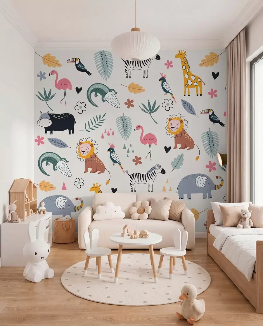 murales de pared animales, leones, jirafas, elefantes, hojas, cuarto del bebé w00555