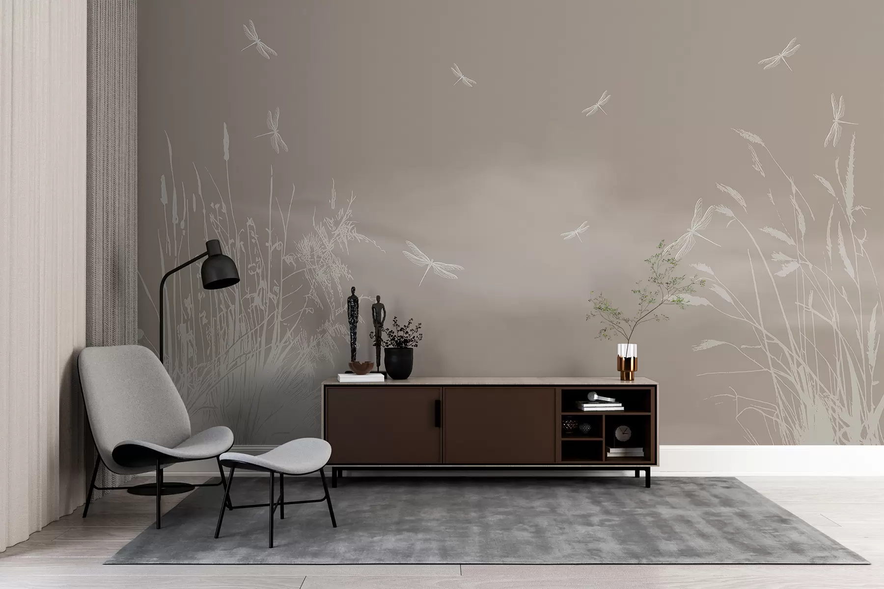 murales de pared Silueta de caña y libélulas sobre fondo marrón w00558