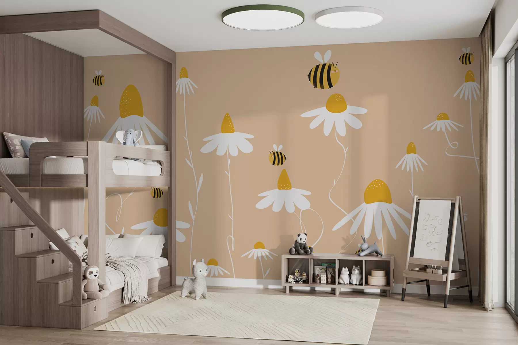 murales de pared Margaritas y abejas, campo, flores, floración, insectos, rosa, amarillo y blanco w00653