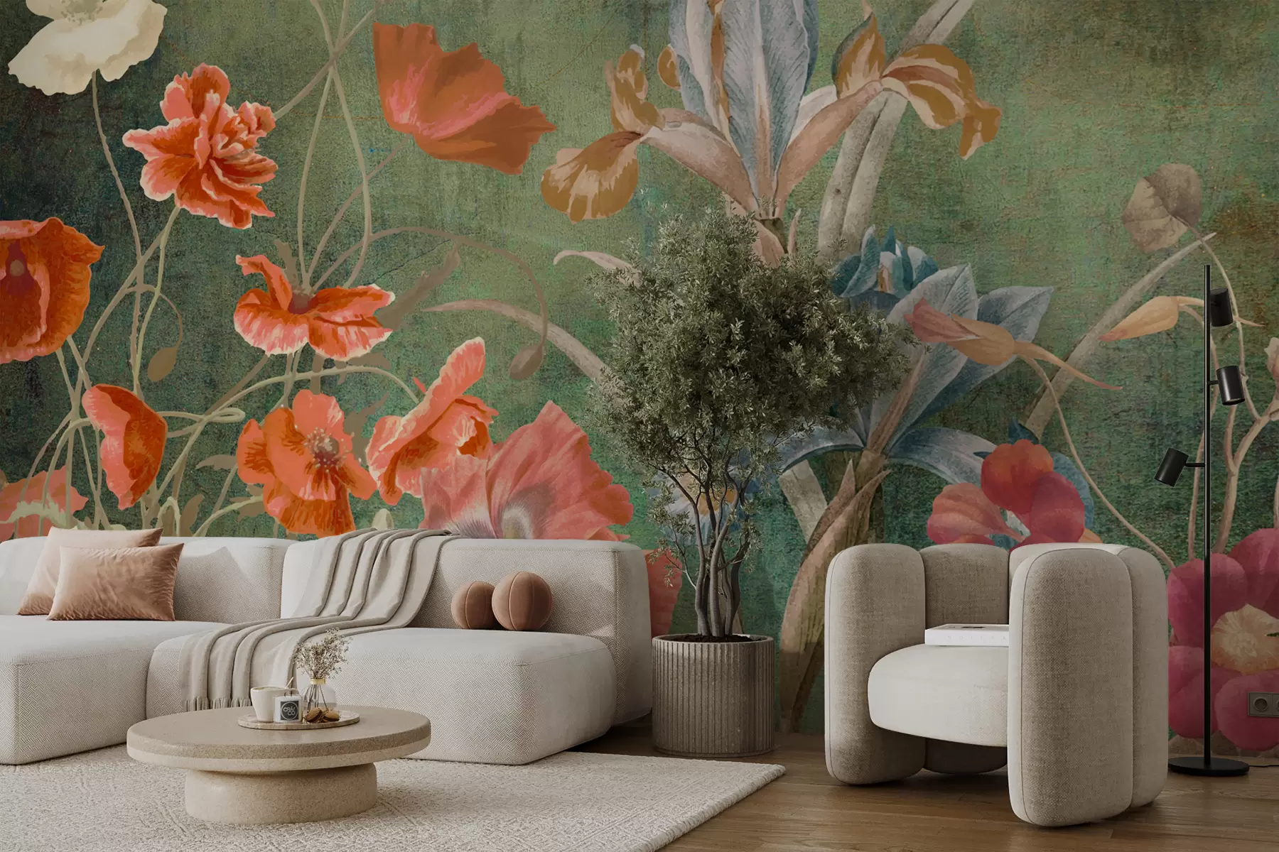 murales de pared Una pintura floral vibrante que presenta una variedad de flores coloridas sobre un fondo verde suave w00698