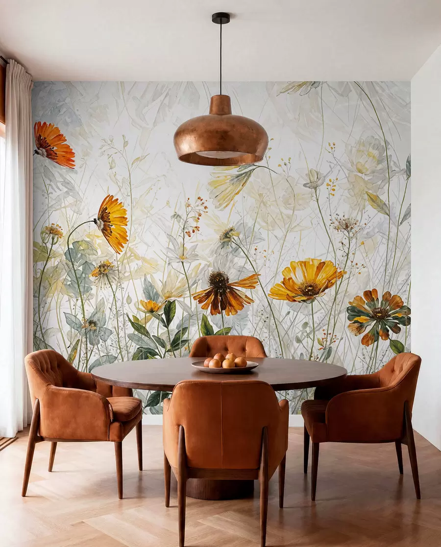 murales de pared Un campo de flores vibrantes sobre un fondo suave y brumoso con delicadas flores blancas y hierba tenue w00708