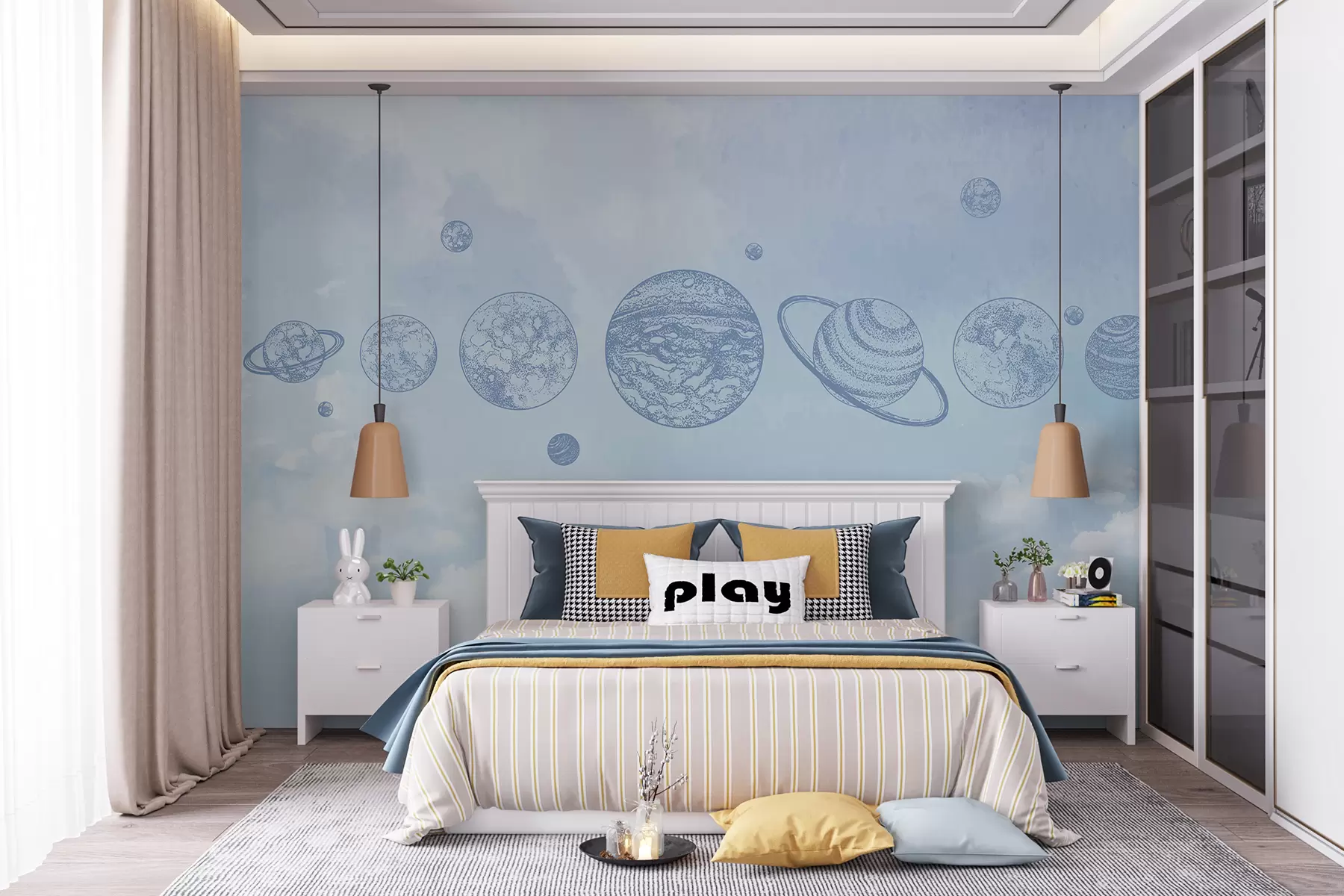 murales de pared Planetas flotantes en un cielo etéreo, nublado y pastel w00738