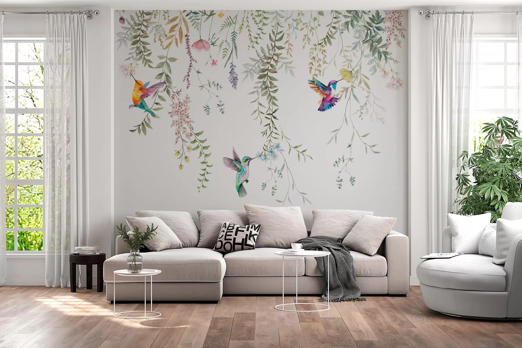 murales de pared Flores y hojas colgantes y hermosos colibríes w00660