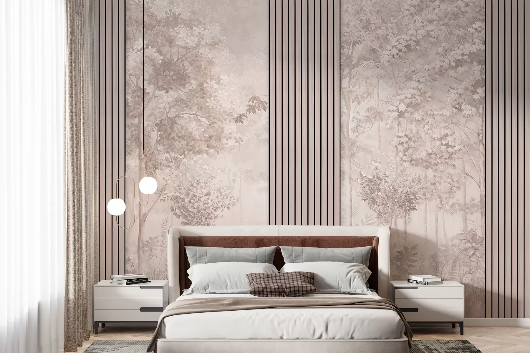 murales de pared Paneles de madera y delicado bosque en tonos rosas. w00670v1