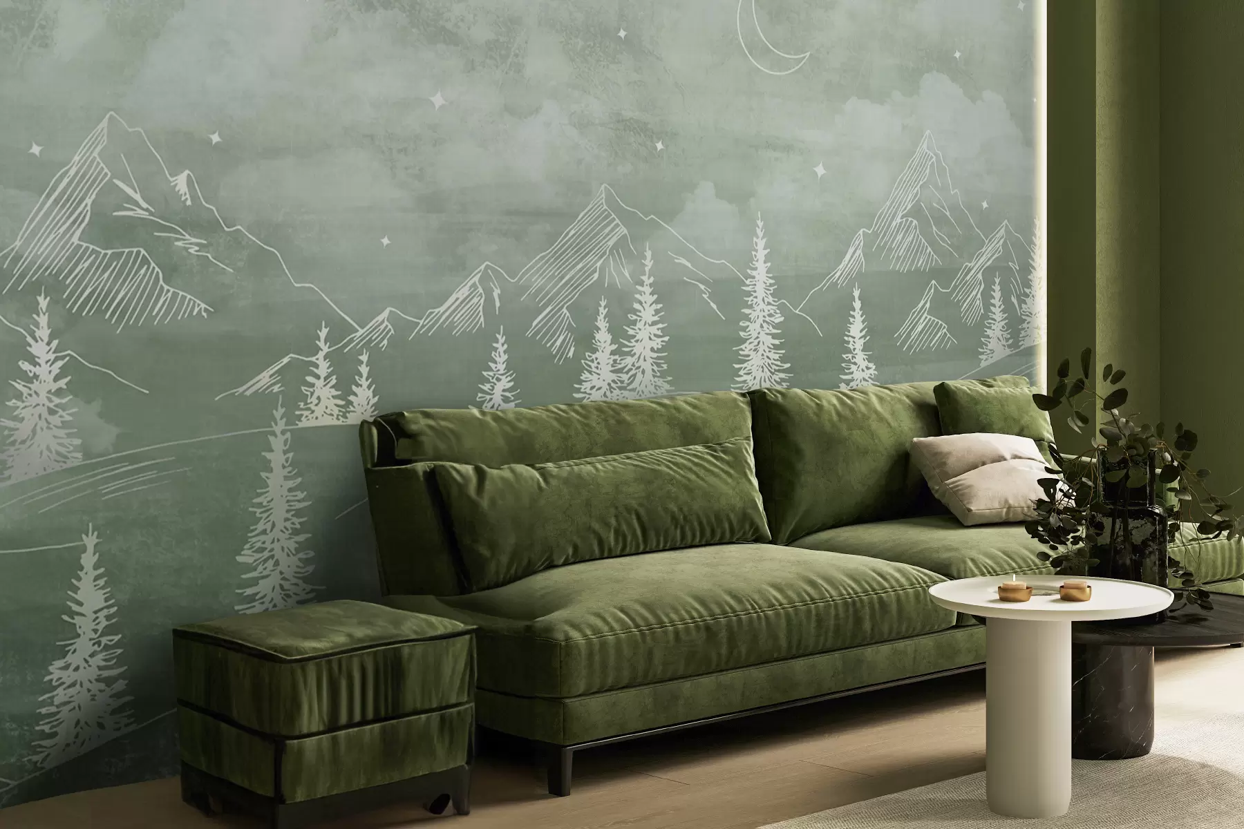 murales de pared Montañas y bosques, dibujos lineales, paisajes naturales, nubes, luna, colores verdes w00759