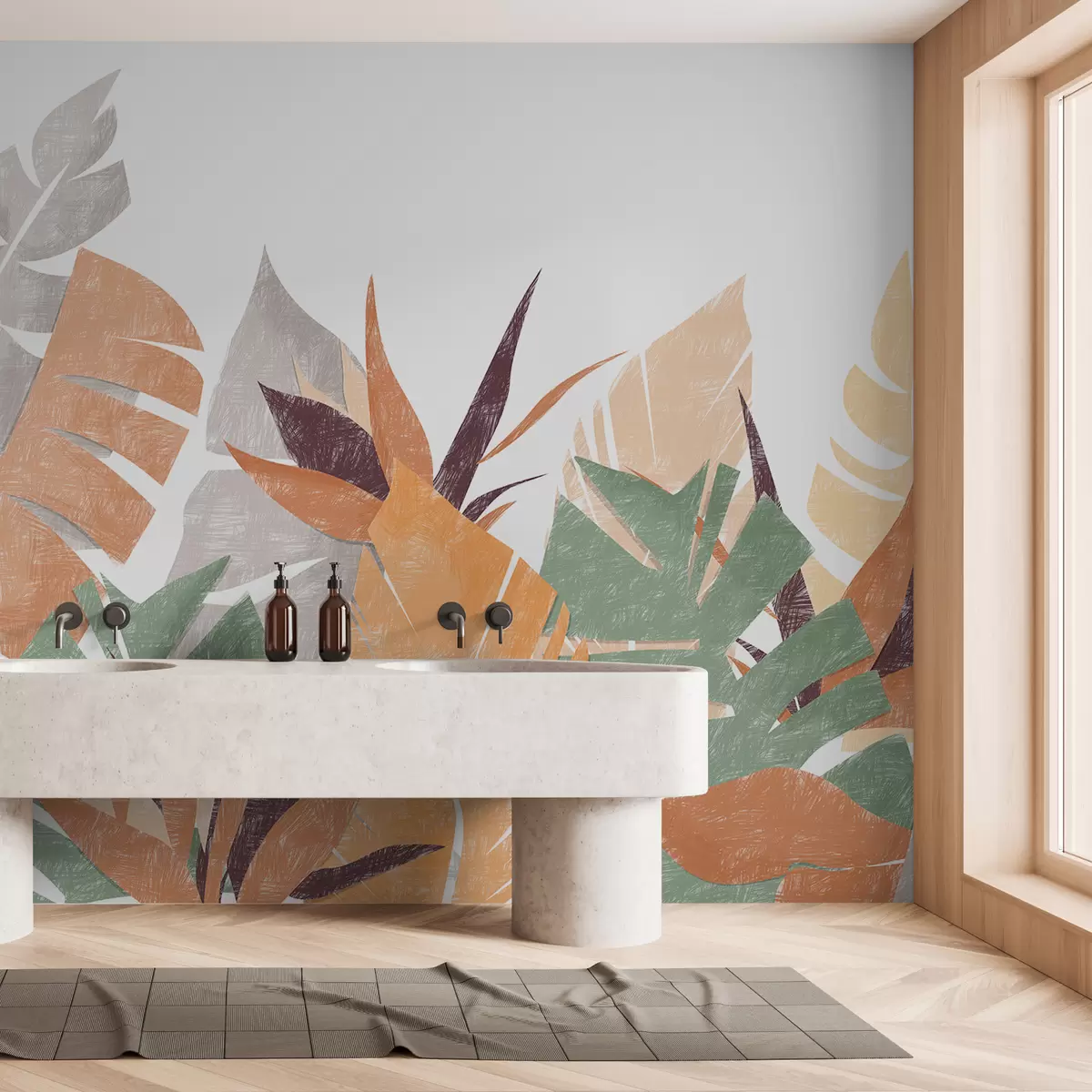 murales de pared Hojas de palma, trópicos, lápiz de imitación de silueta de planta, flor, verde, naranja, gris, rojo púrpura, color w00790