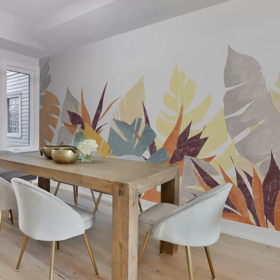 murales de pared Hojas de palma, trópicos, silueta de planta imitación lápiz, flor, azul, amarillo, naranja, gris, morado, color w00790v1