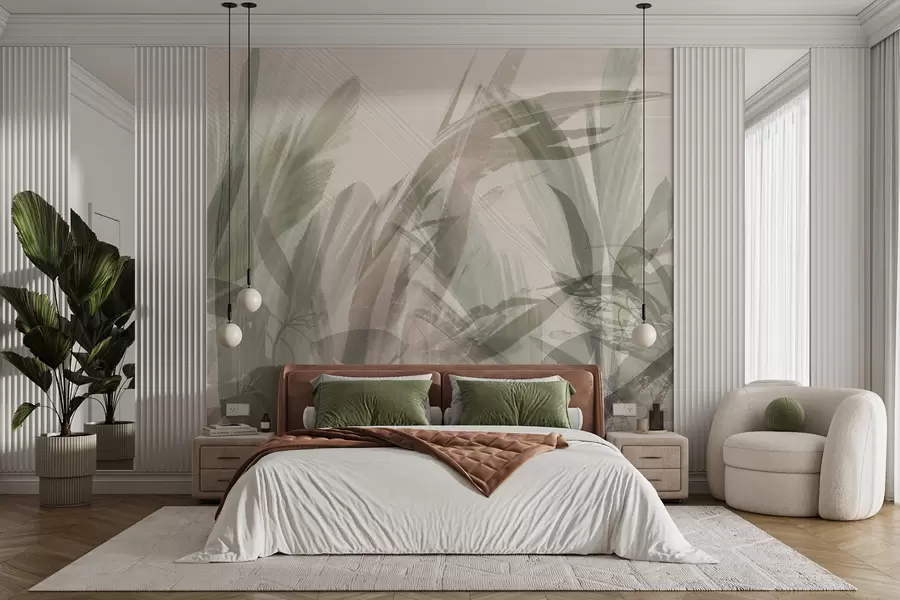 murales de pared Multicomposición abstracta de formas de hojas tropicales parecidas a hierba borrosa en tonos de verde claro y gris w00798