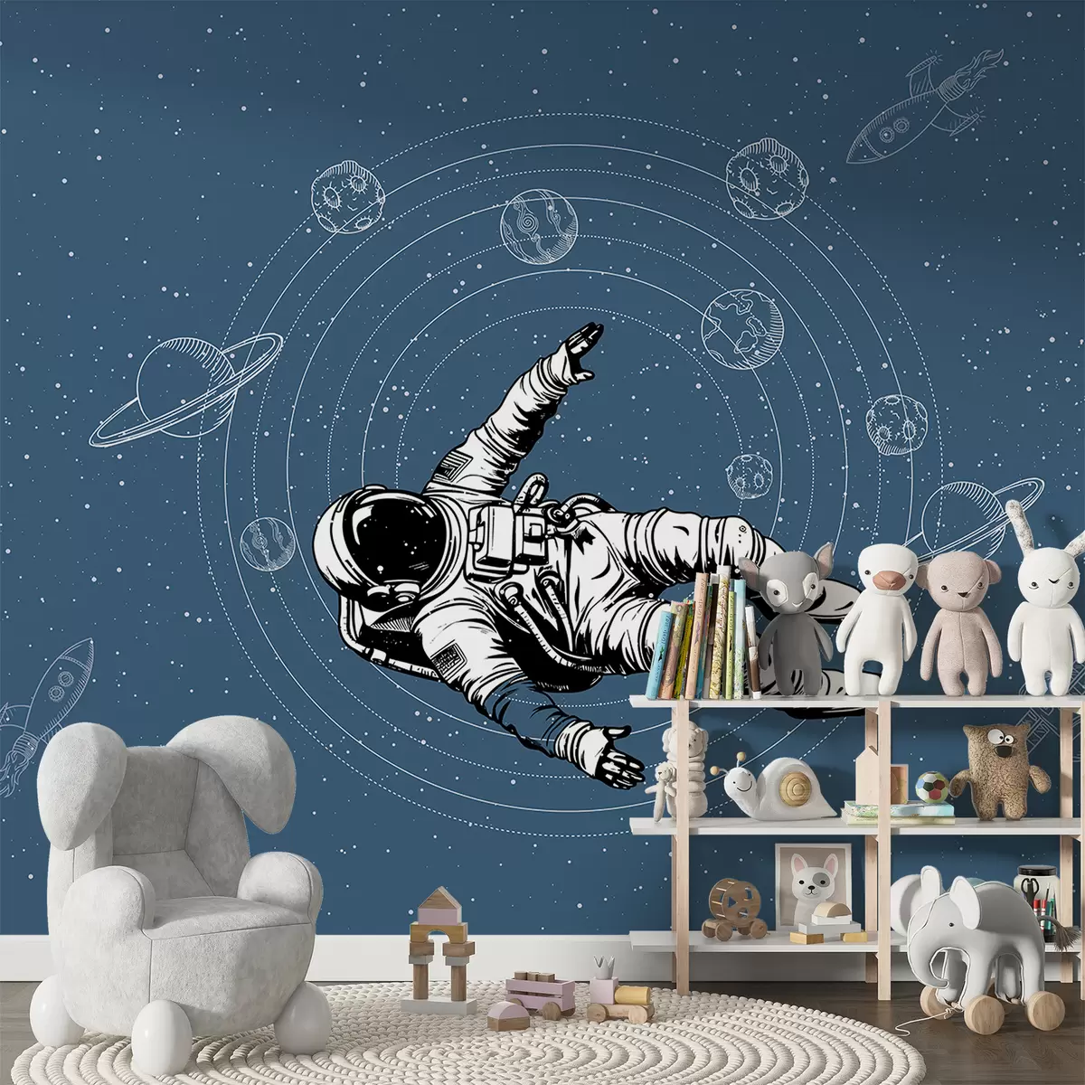 murales de pared Astronauta y planetas sobre fondo azul w00712v3