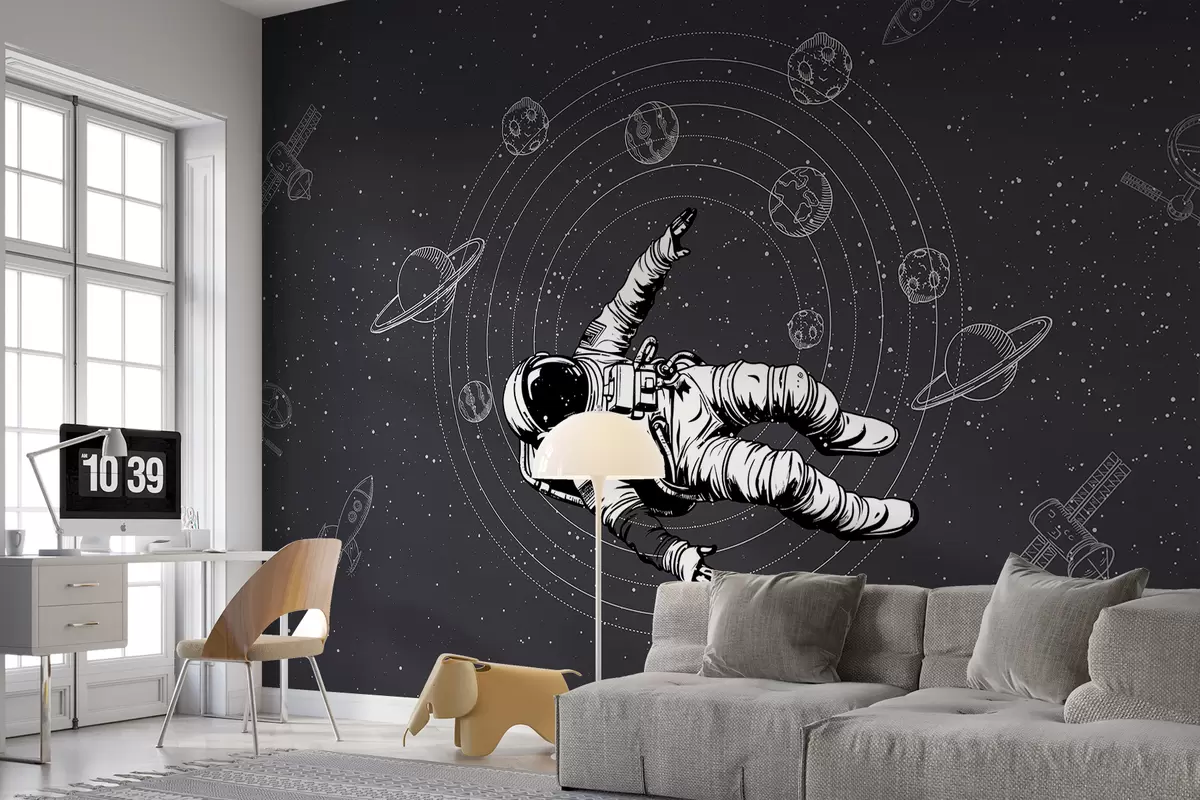 murales de pared Astronauta y planetas sobre fondo gris oscuro w00712v5