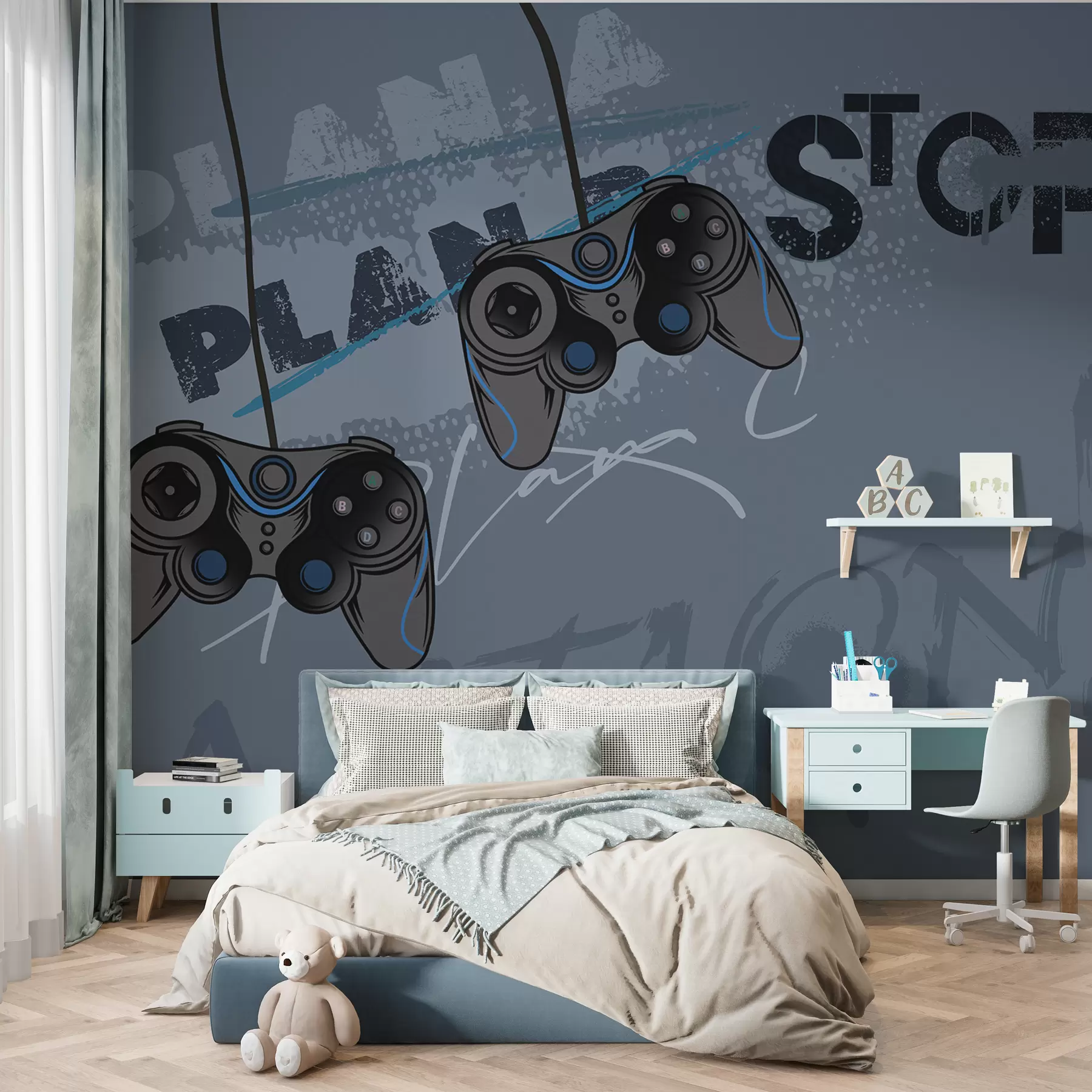 murales de pared Papel pintado infantil para adolescente con joysticks y letras gráficas en azul w00829