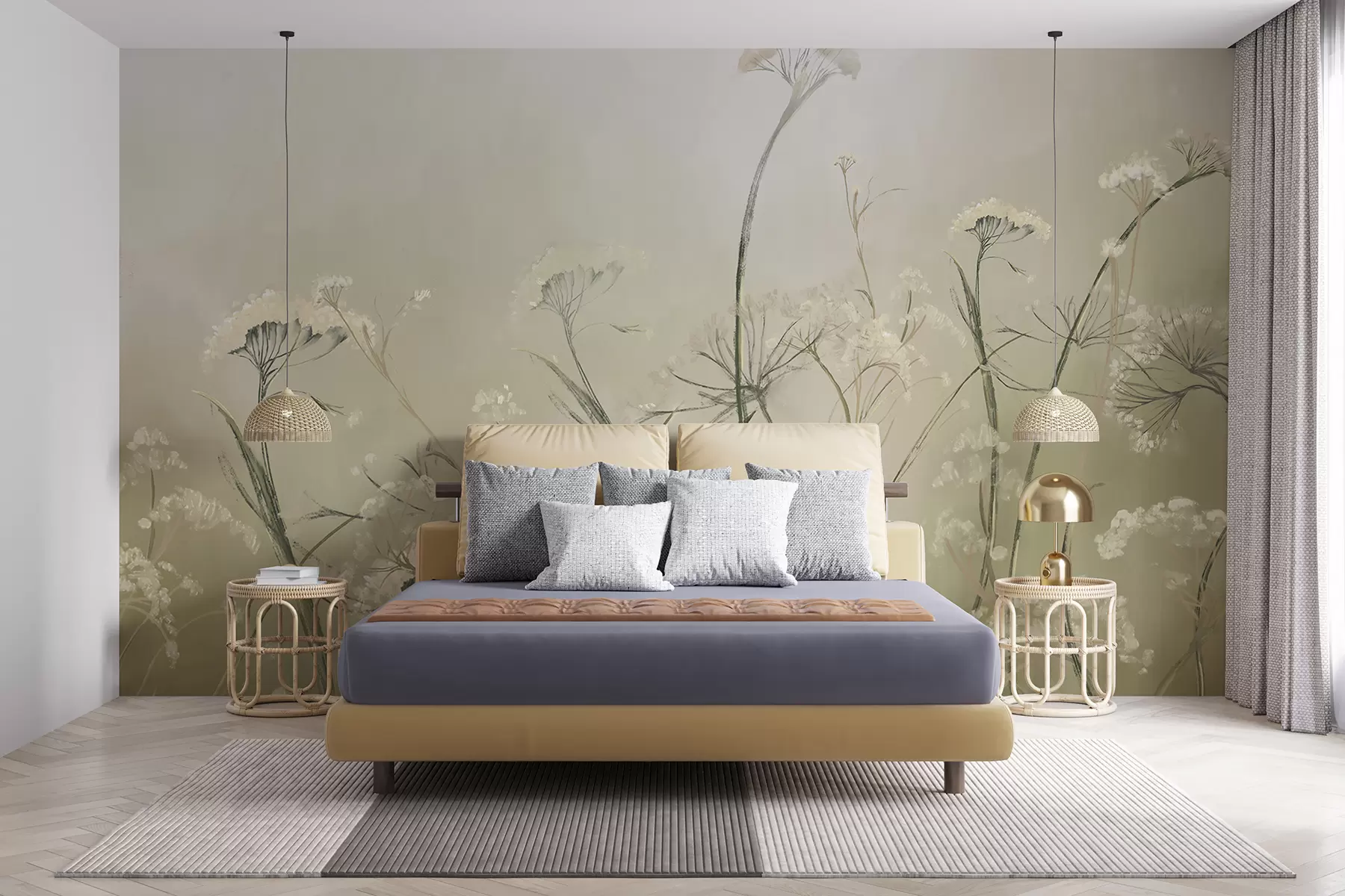 murales de pared Flores silvestres blancas en un campo brumoso con un fondo sepia suave y borroso w00903v1