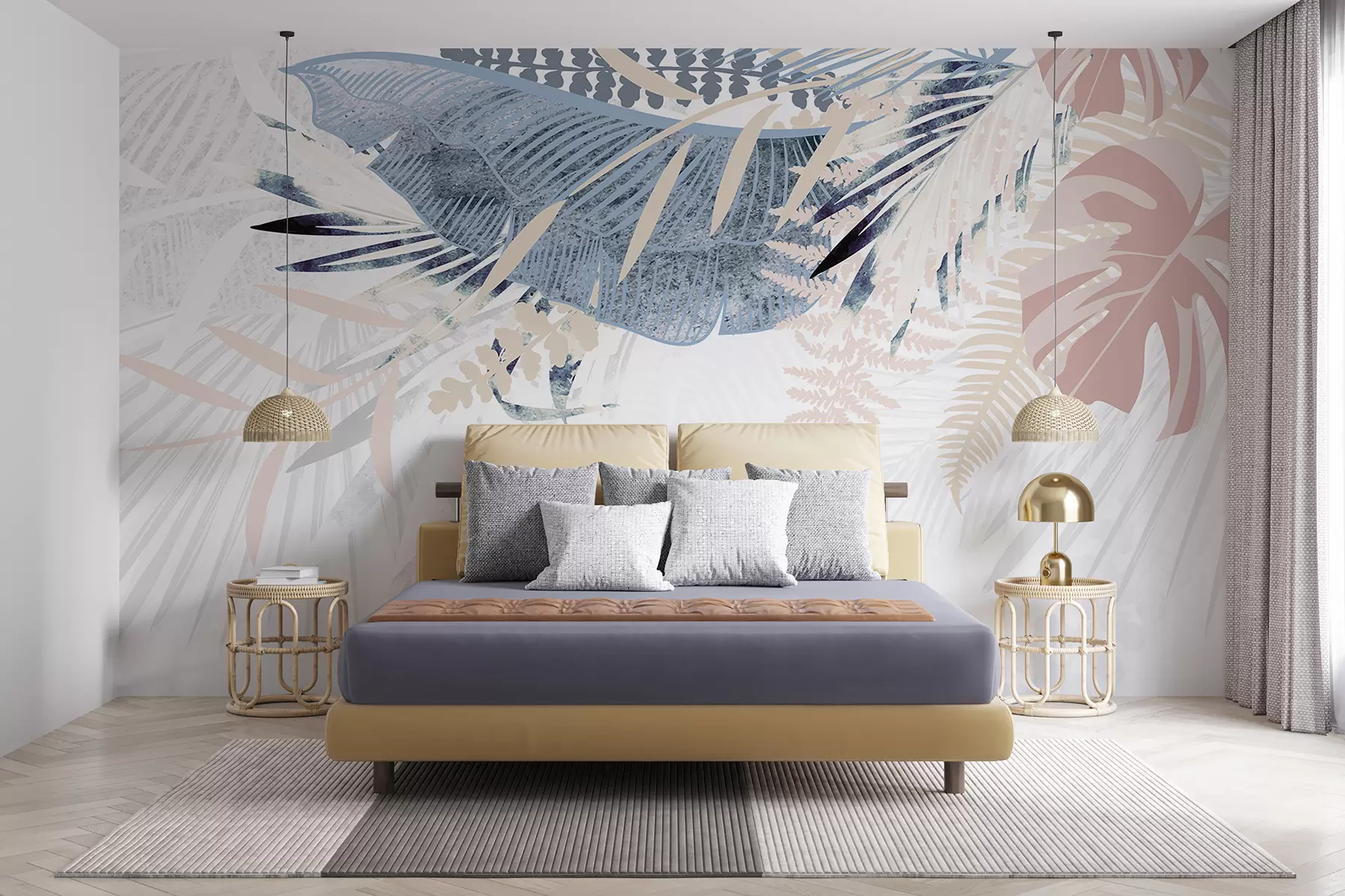 murales de pared Diseño botánico moderno con textura tropical de hojas de palma con varios tonos de azul, gris y rosa w00908