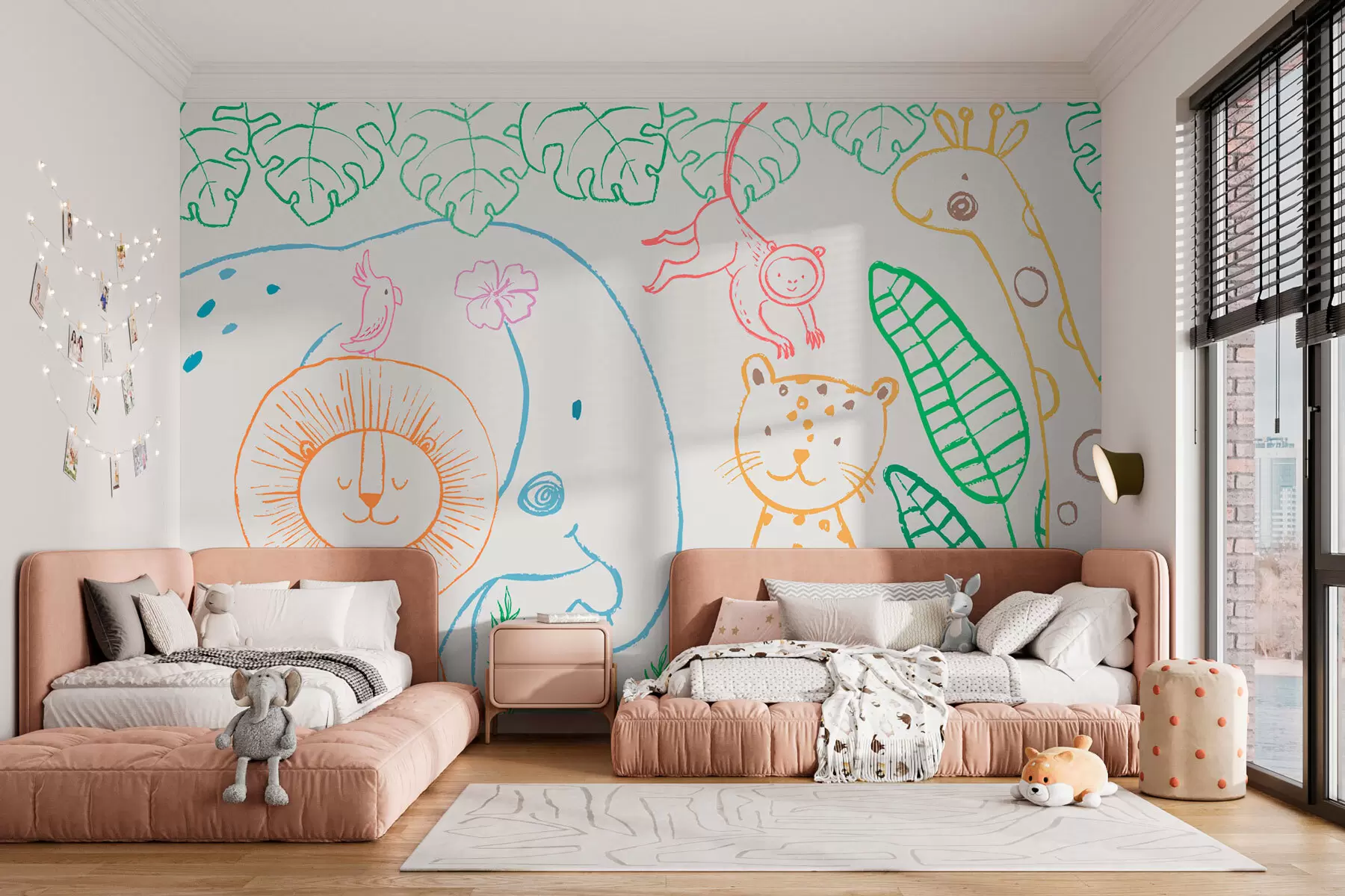 murales de pared Divertidos animales africanos en estilo escandinavo para niños coloridos. w01268v1