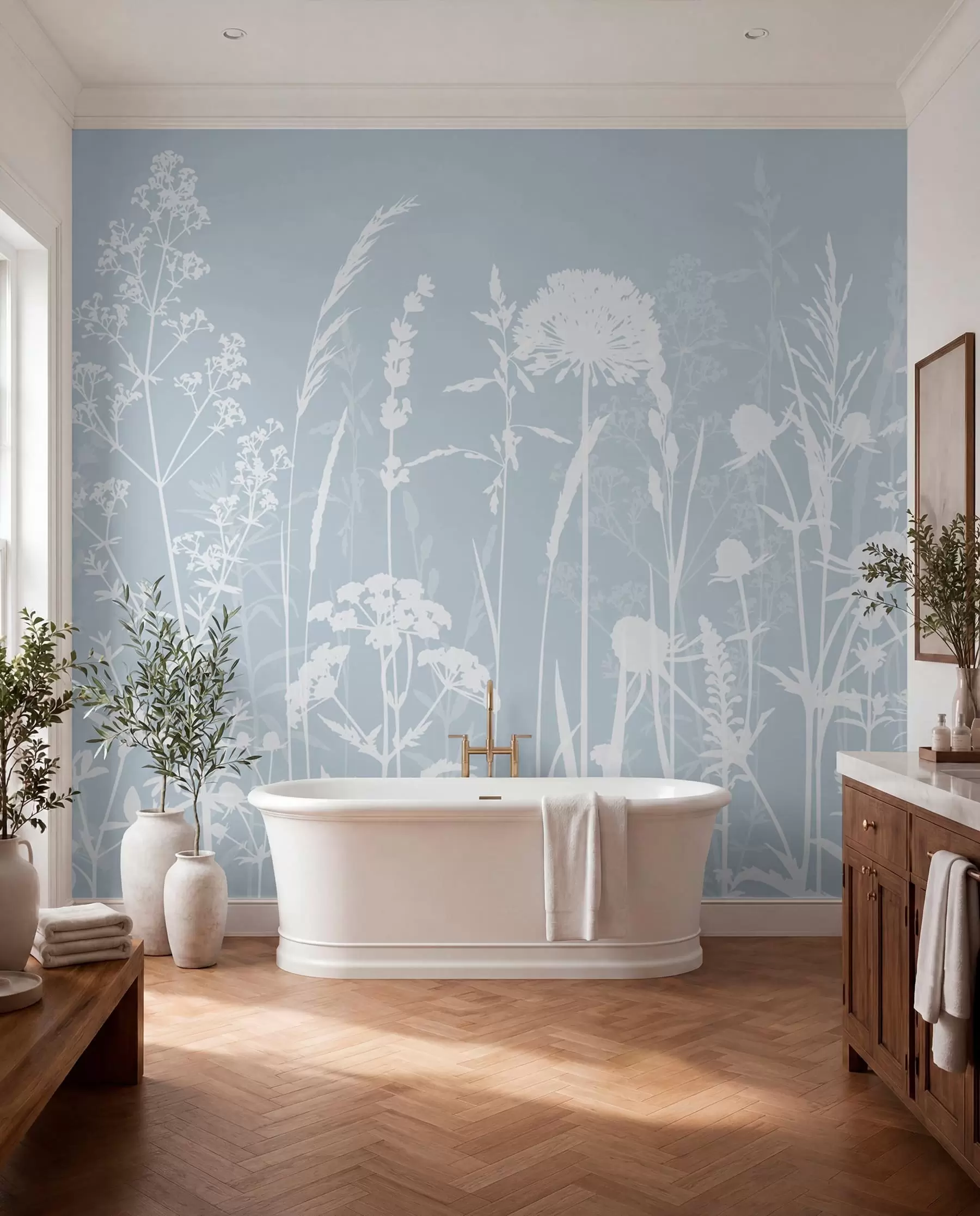murales de pared Suaves plantas de campo y flores minimalistas de color gris w01270v4