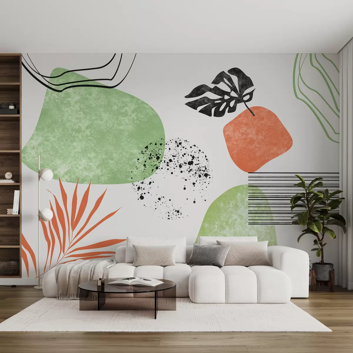 murales de pared Abstracción boho, manchas de textura, líneas curvas, hojas tropicales, manchas de tinta, color negro, verde y rojo w01298