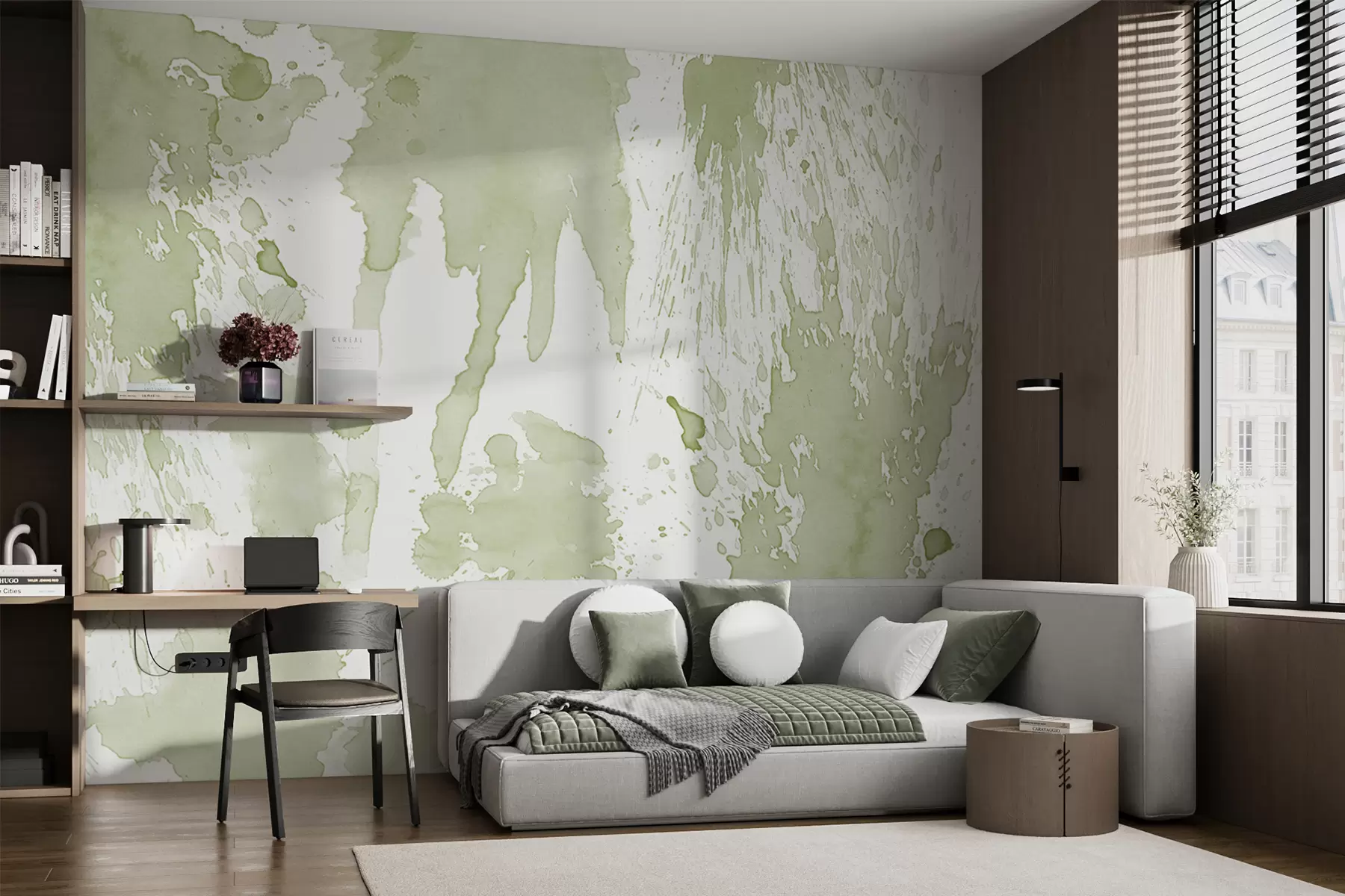 murales de pared Salpicaduras de acuarela, abstracción de dibujo de pintura, color verde w01285