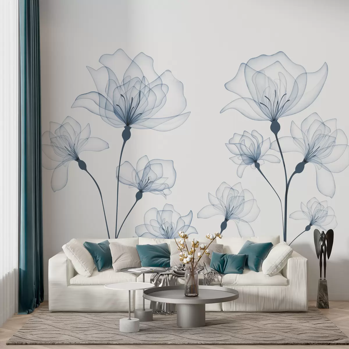 murales de pared Delicadas flores de acuarela azul w00744v1