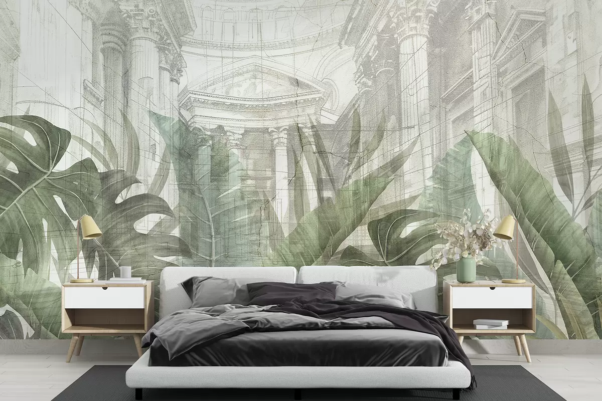 murales de pared Un gran dibujo arquitectónico adornado con columnas de mármol y exuberantes plantas verdes tropicales.  w01311