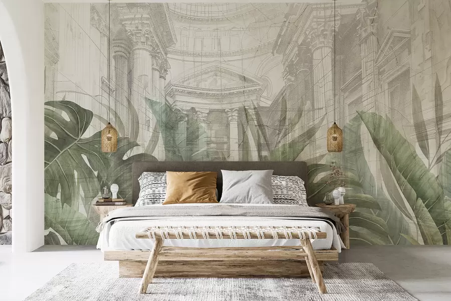 murales de pared Un gran dibujo arquitectónico adornado con columnas de mármol y exuberantes plantas verdes tropicales.  w01311